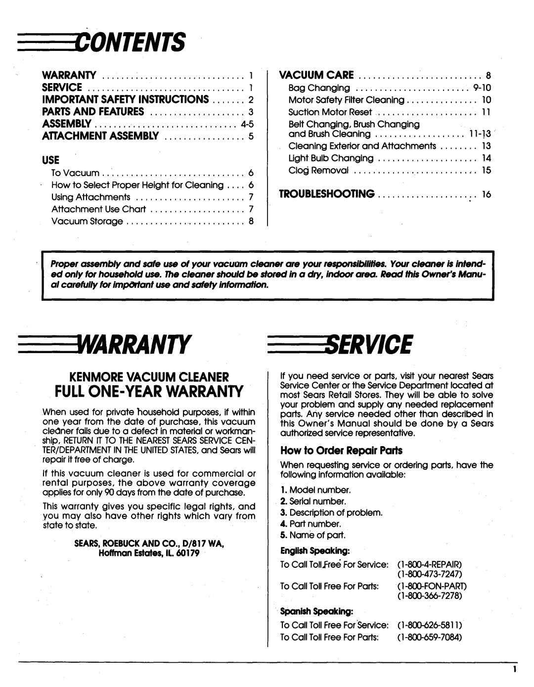 Sears Vacuum Cleaner owner manual Eee ,Ontents, Fullone-Yearwarranty, Kenmorevacuum Cleaner 