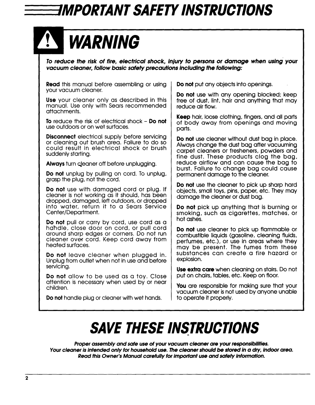 Sears Vacuum Cleaner Eeee Mportantsafetyinstructions, SAliE THESEINSTRUCTIONS, Do not pick up anything that isburning or 