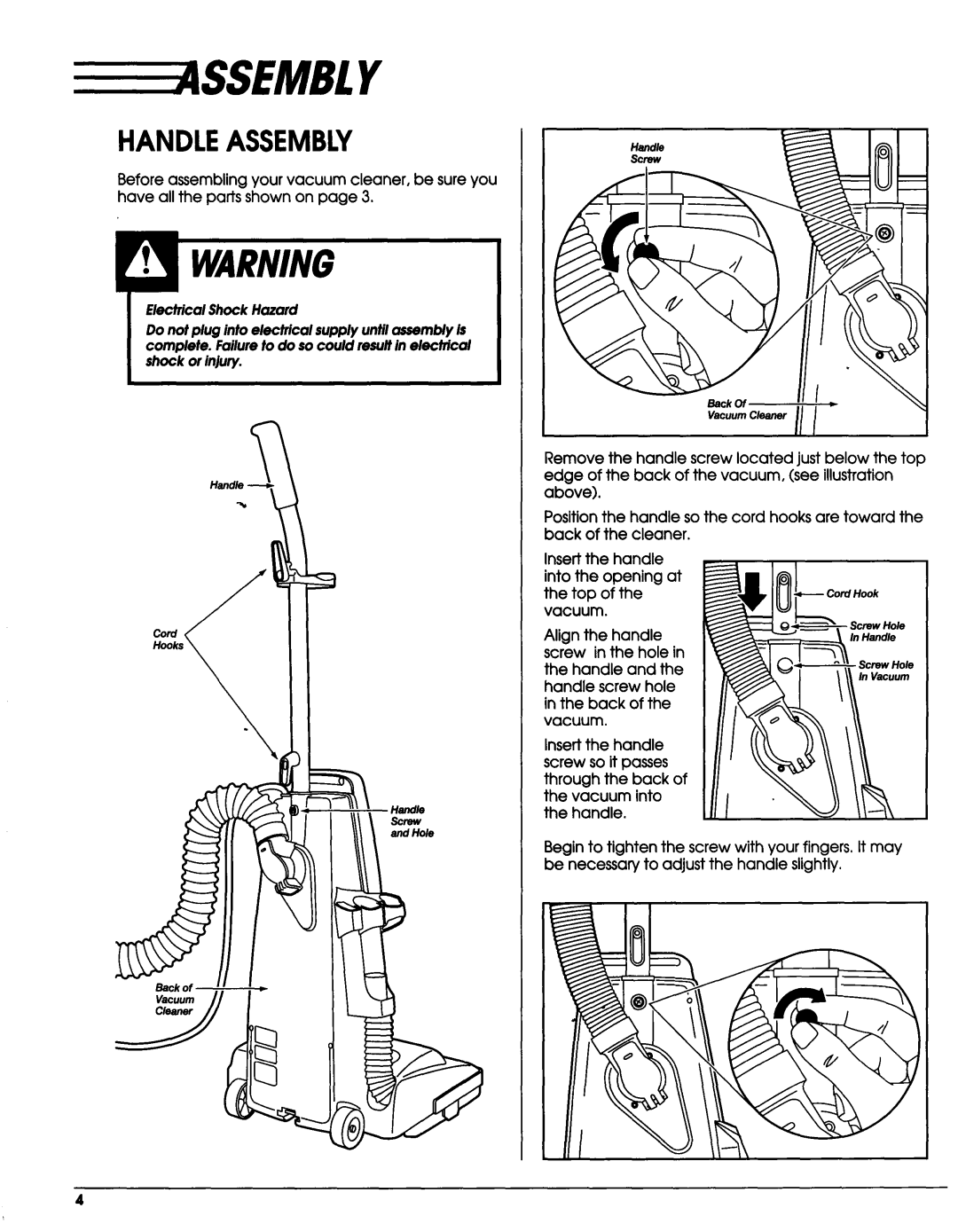 Sears Vacuum Cleaner owner manual Handleassembly, v-uumI ll, ElectricalShock Hazard, handle screw hole in the back of the 
