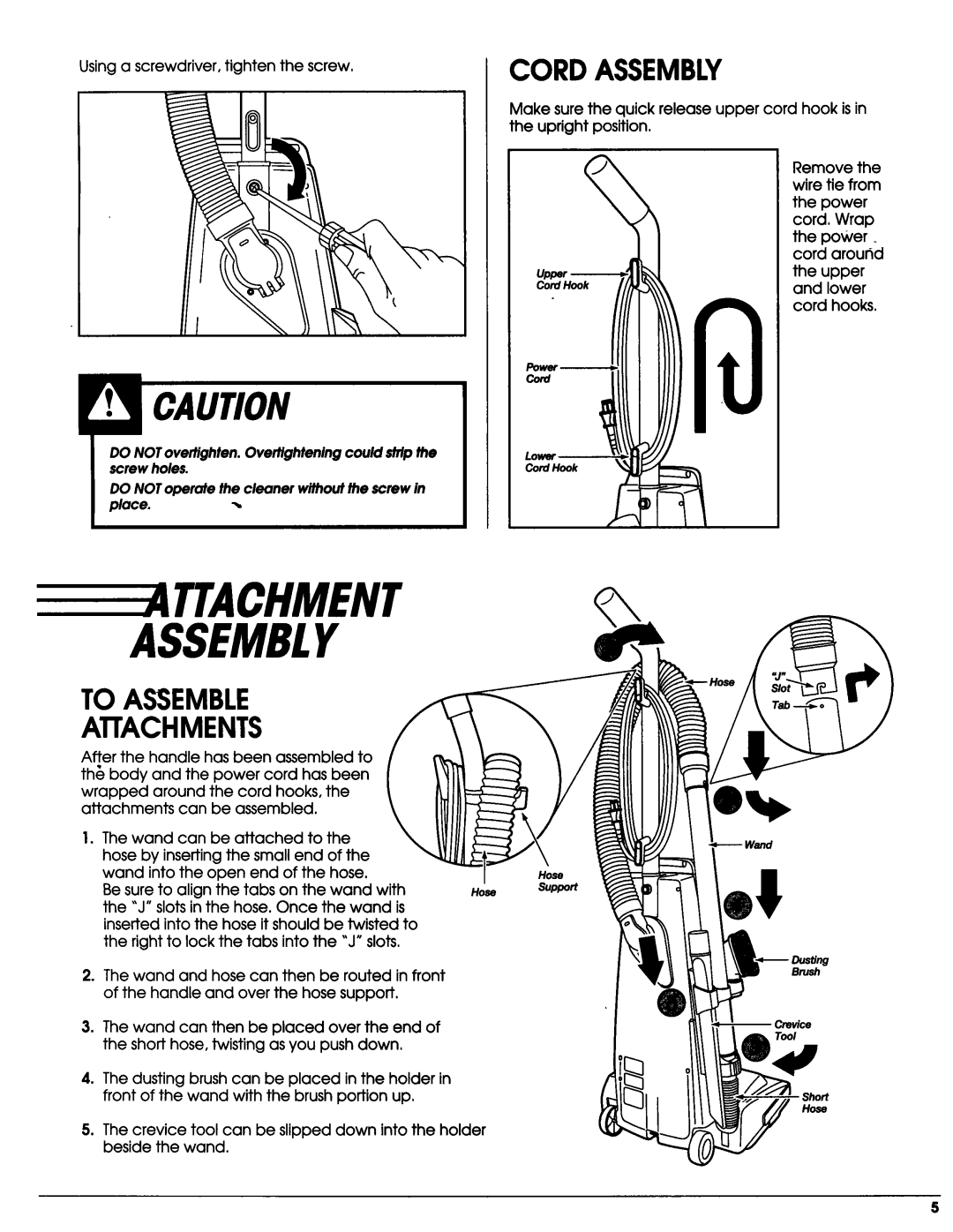 Sears Vacuum Cleaner owner manual Ttachment Assembly, Cord Assembly, To Assemble Attachments 