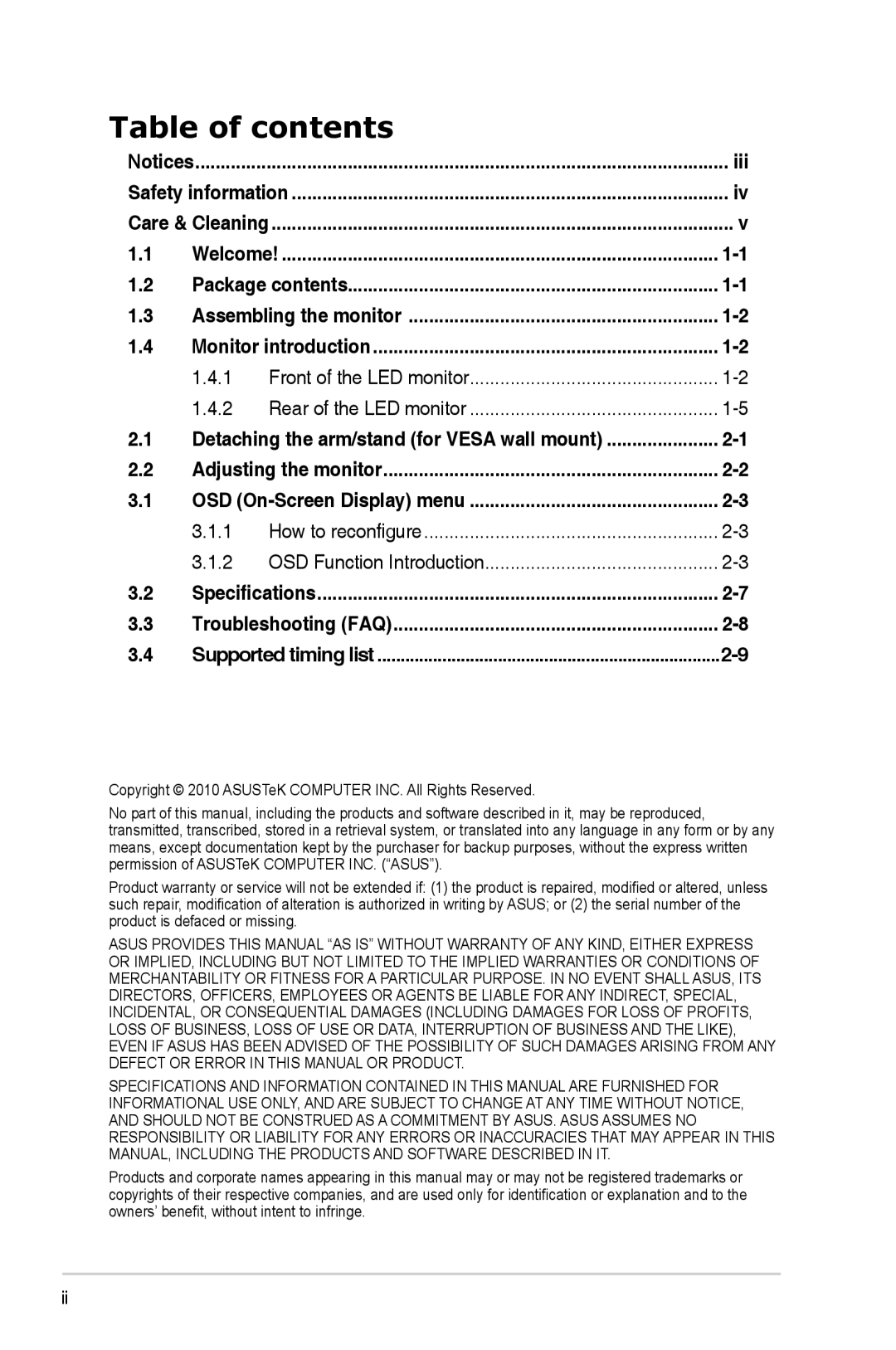 Sears VW199 manual Table of contents 