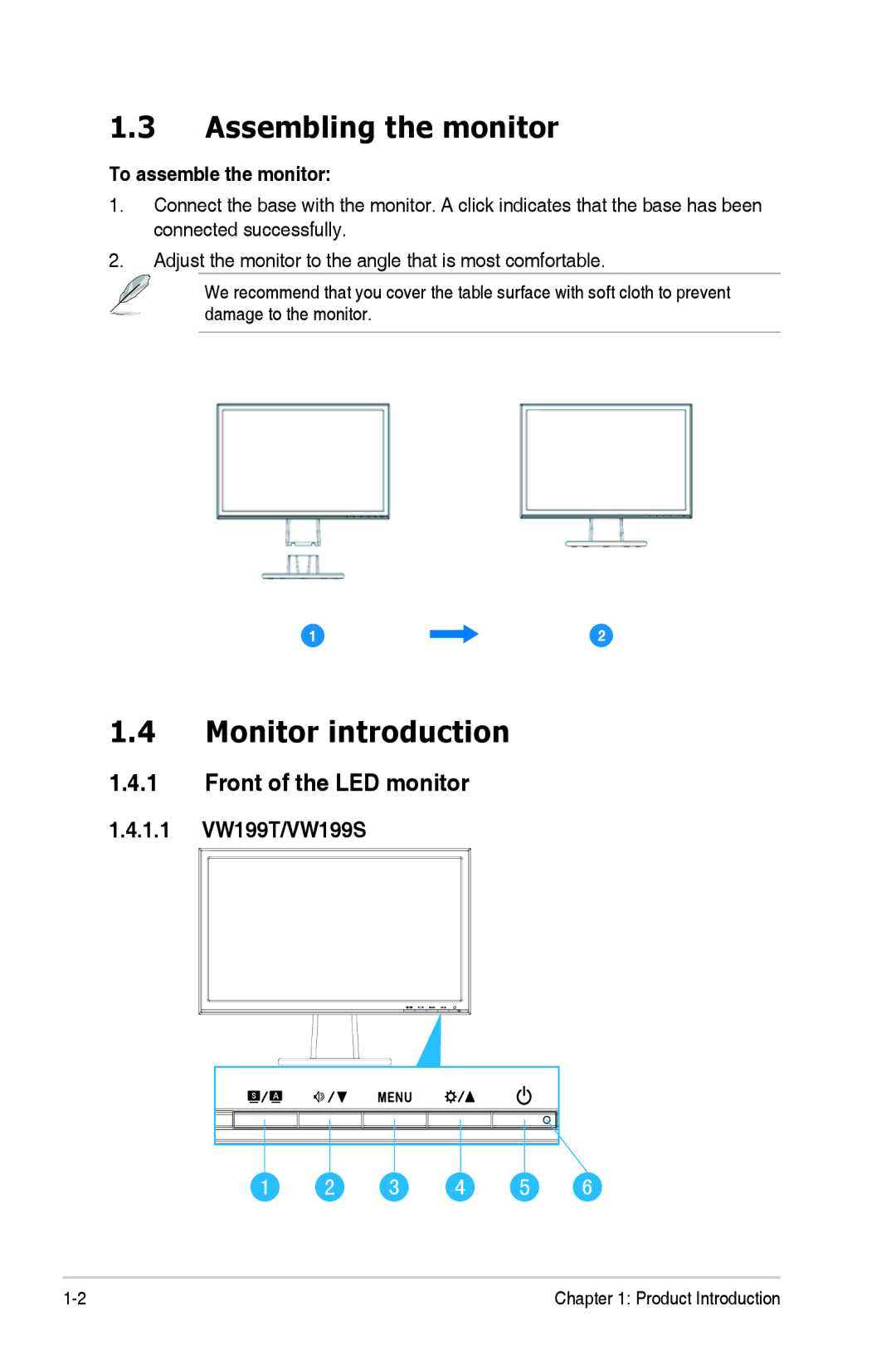 Sears VW199 manual Assembling the monitor, Monitor introduction, Front of the LED monitor, To assemble the monitor, 1.1 