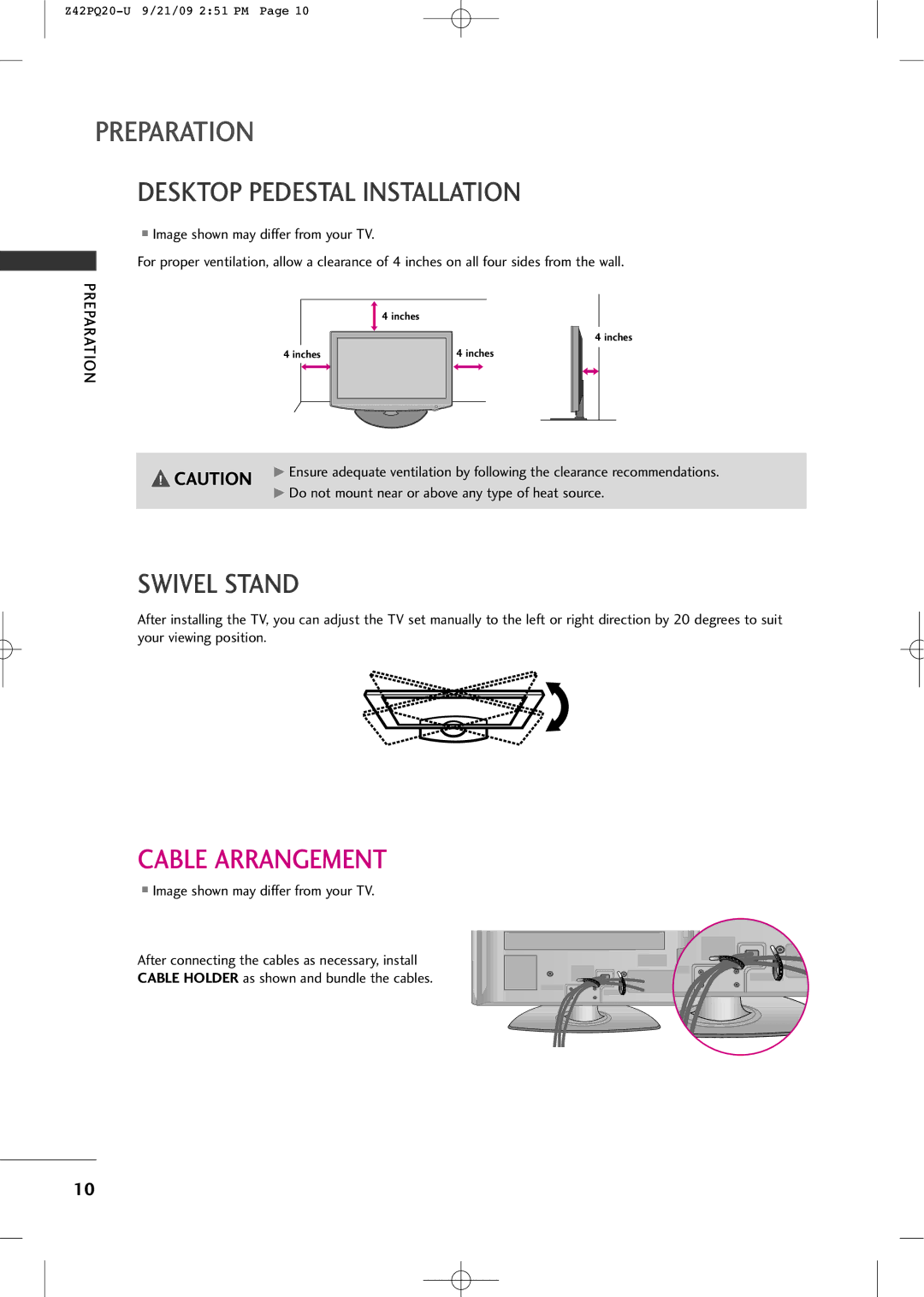Sears Z42PQ20-U owner manual Desktop Pedestal Installation, Swivel Stand, Cable Arrangement 