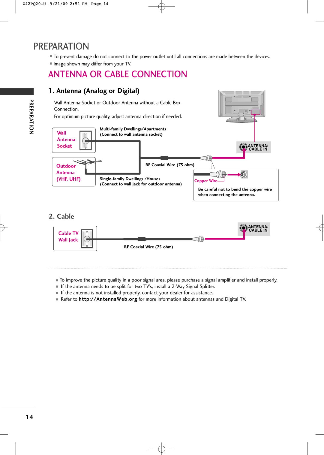 Sears Z42PQ20-U owner manual Antenna or Cable Connection, Antenna Analog or Digital 