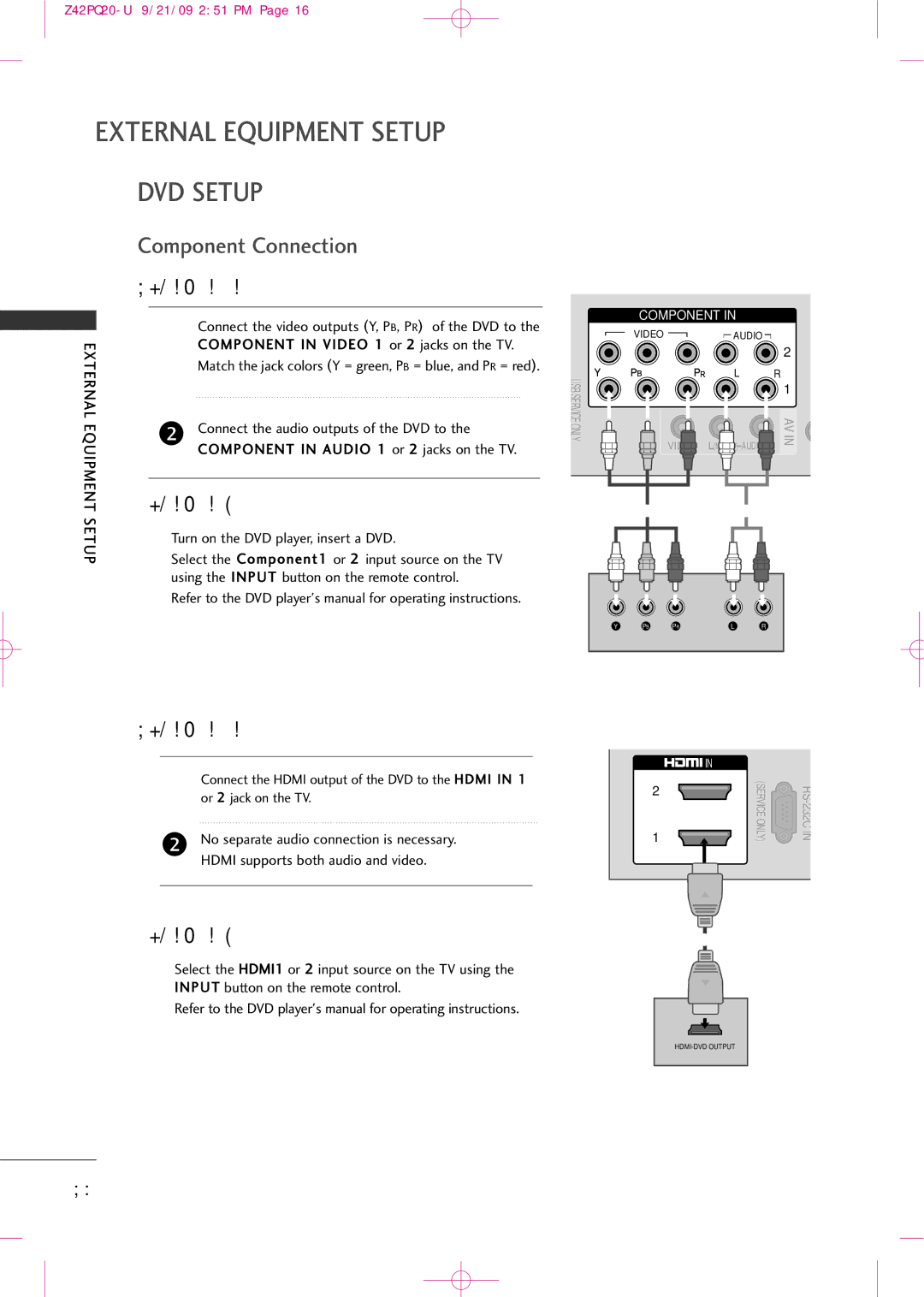 Sears Z42PQ20-U owner manual External Equipment Setup, DVD Setup, Hdmi Connection 