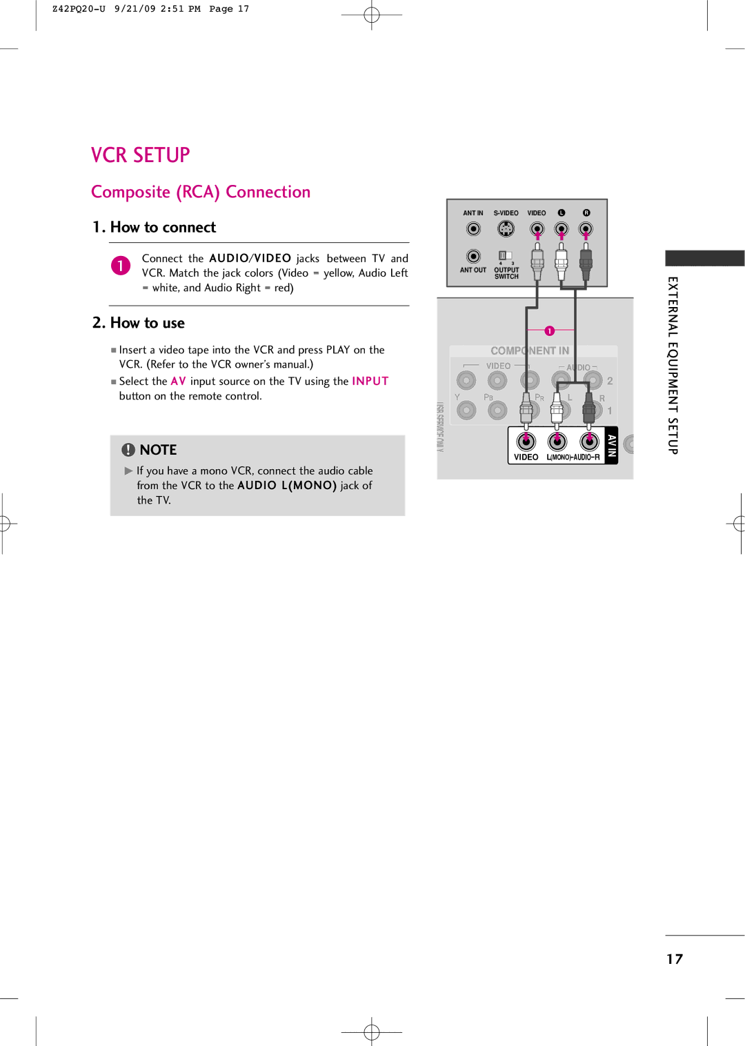 Sears Z42PQ20-U owner manual VCR Setup, Composite RCA Connection 