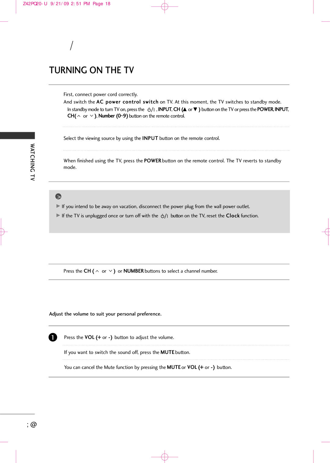 Sears Z42PQ20-U owner manual Watching TV, Turning on the TV, Channel Selection, Volume Adjustment 