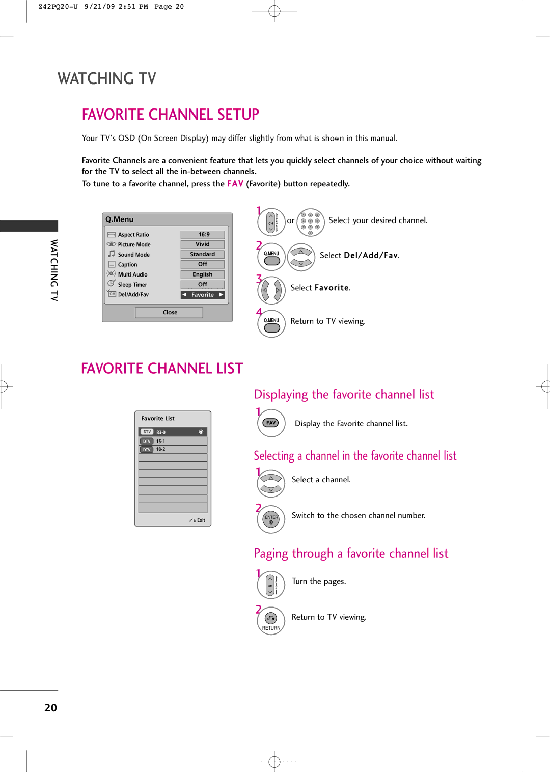 Sears Z42PQ20-U owner manual Watching TV, Favorite Channel Setup, Favorite Channel List 