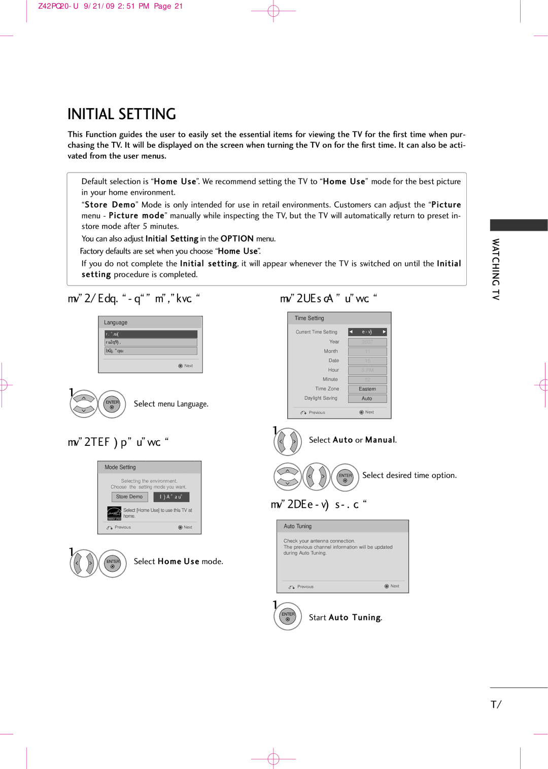 Sears Z42PQ20-U owner manual Initial Setting, Language Selecting, Mode setting, Auto Tuning 