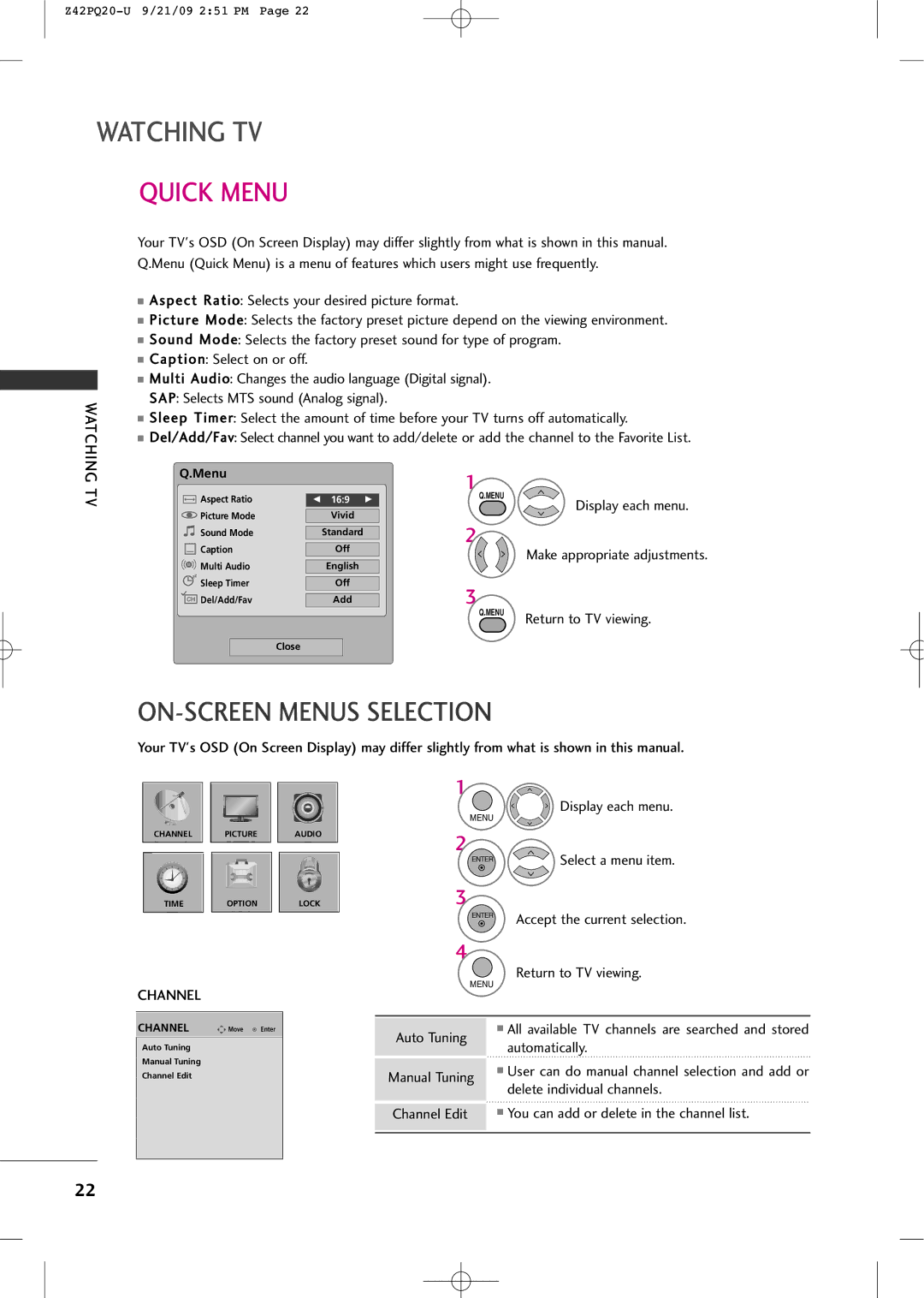 Sears Z42PQ20-U owner manual Quick Menu, ON-SCREEN Menus Selection, Channel 