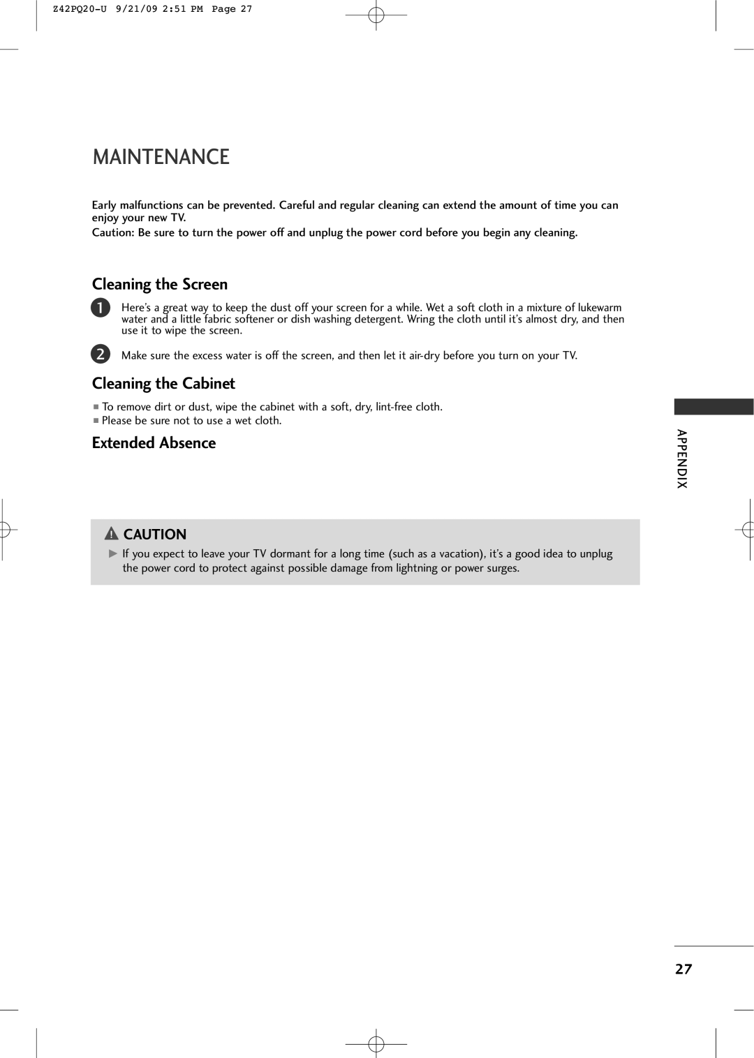 Sears Z42PQ20-U owner manual Maintenance, Cleaning the Screen, Cleaning the Cabinet, Extended Absence 