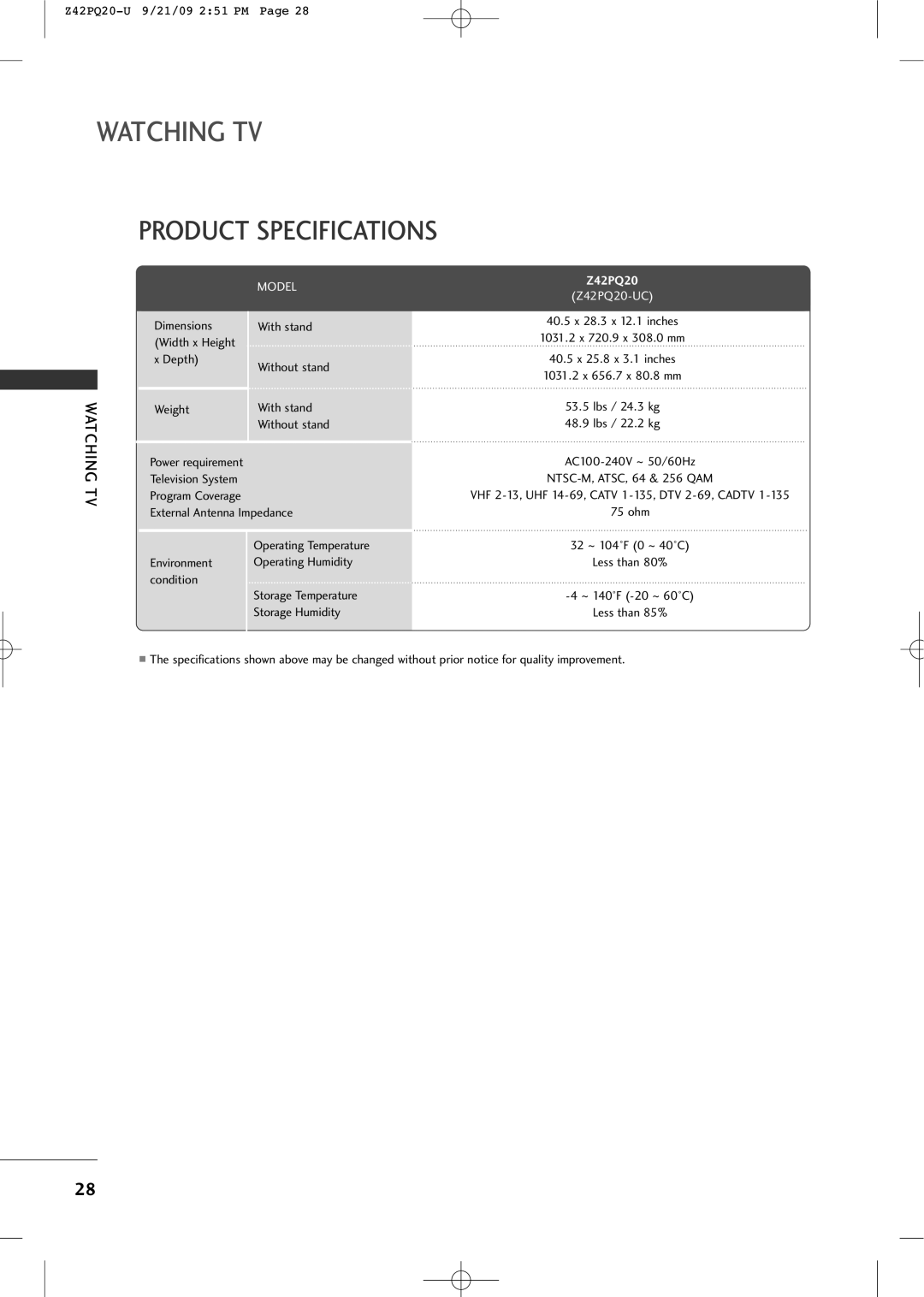 Sears Z42PQ20-U owner manual Product Specifications, Model 