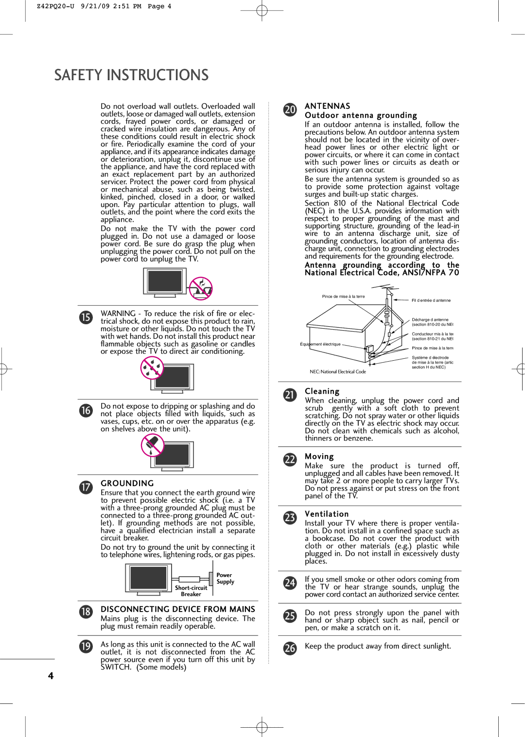 Sears Z42PQ20-U owner manual Safety Instructions, Grounding, Antennas 