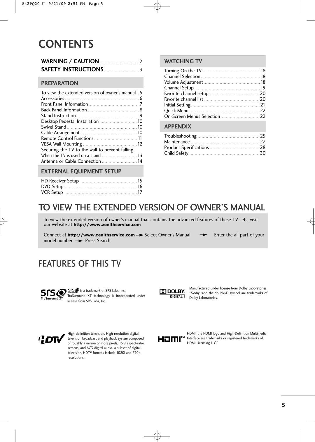 Sears Z42PQ20-U owner manual Contents 