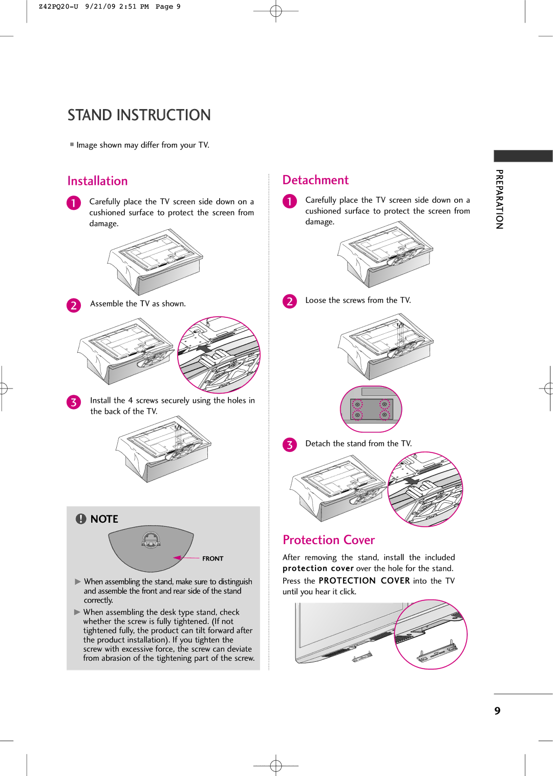 Sears Z42PQ20-U owner manual Stand Instruction, Installation, Detachment, Protection Cover 