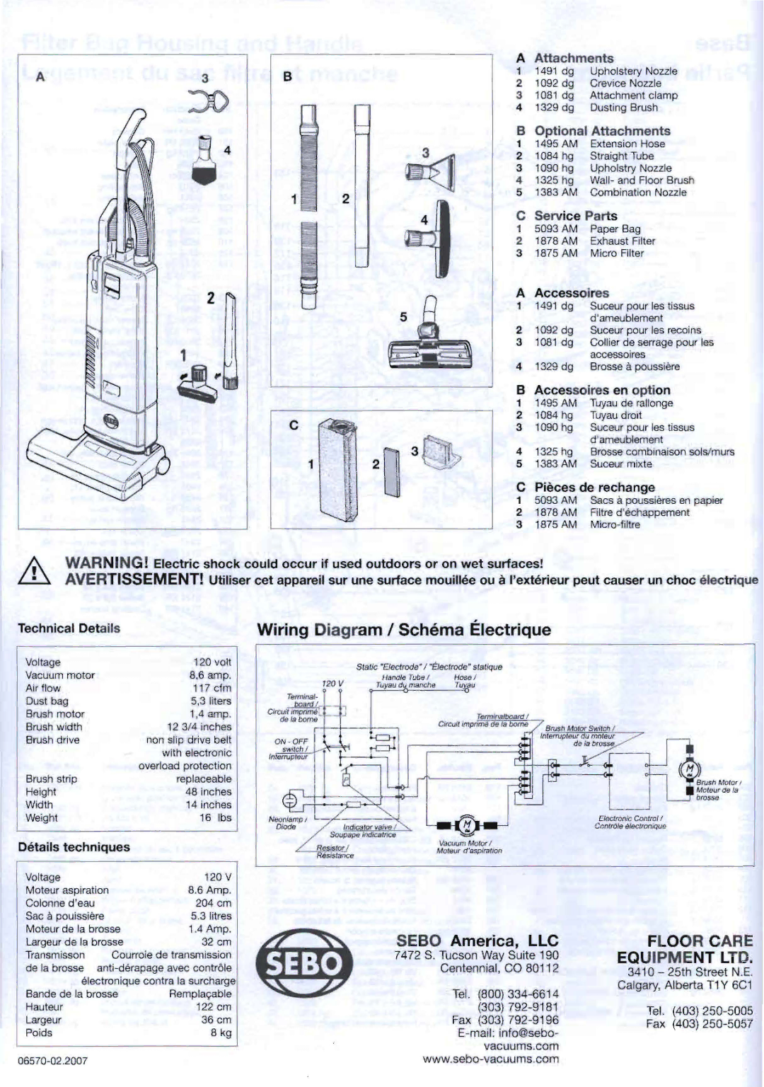 Sebo 370 warranty Optional Attachments, Service Parts, Accessoires en option, Pieces de rechange, Technical Details 