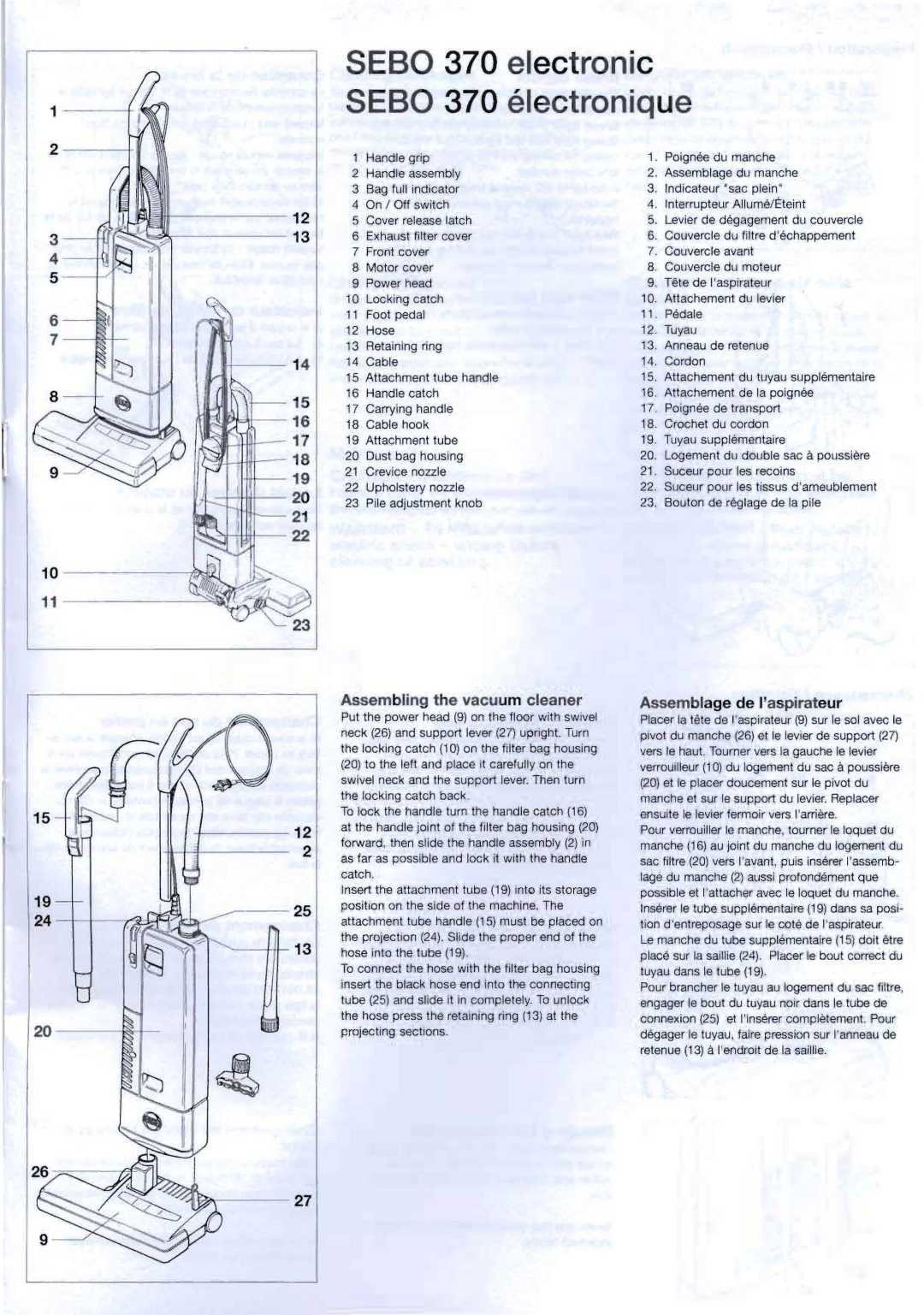 Sebo warranty Seso 370 electronic Seso 370 electronique, Assembling the vacuum cleaner Assemblage de Iaspirateur 