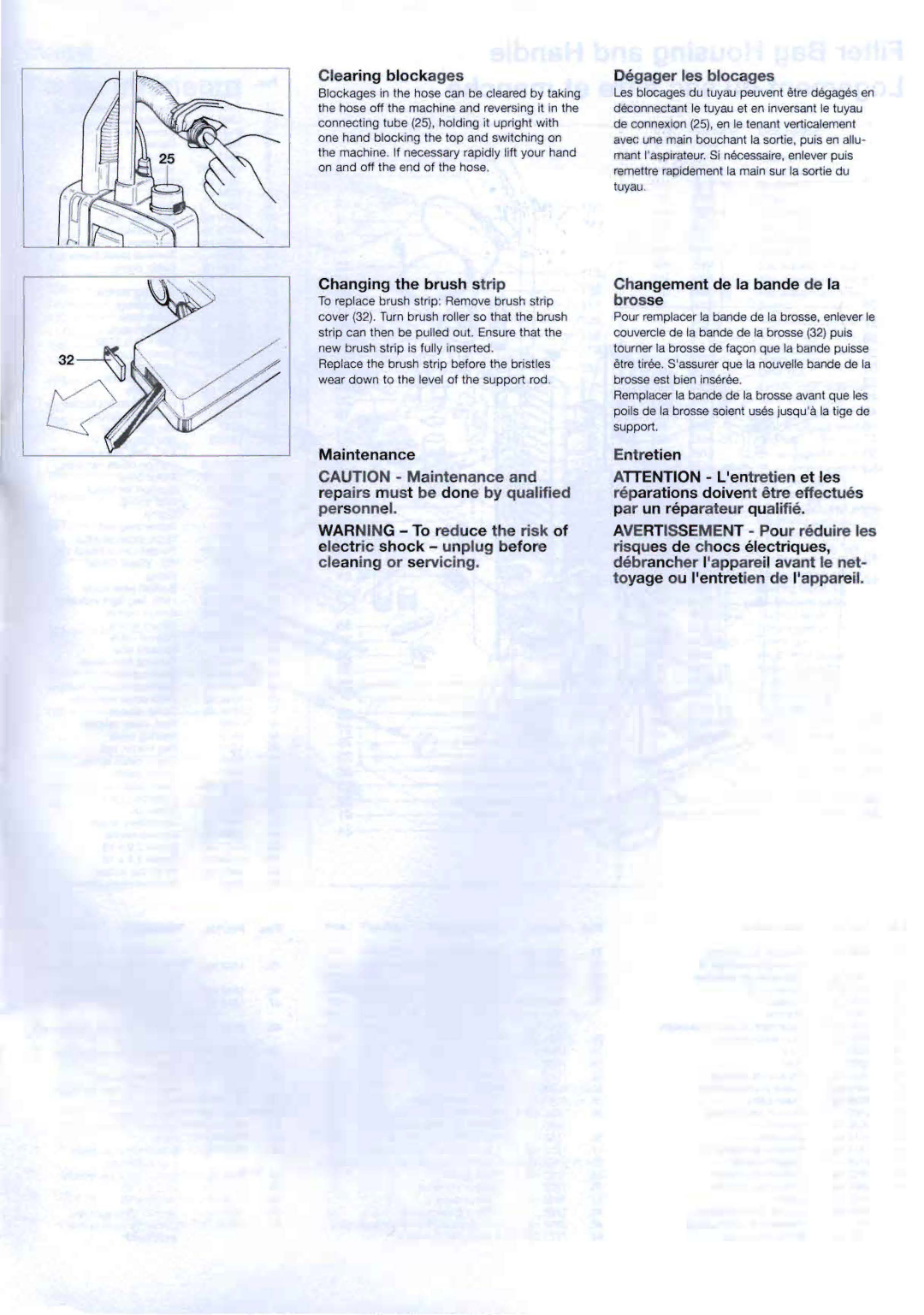 Sebo 370 warranty Clearing blockages, Degager les blocages, Changing the brush strip 