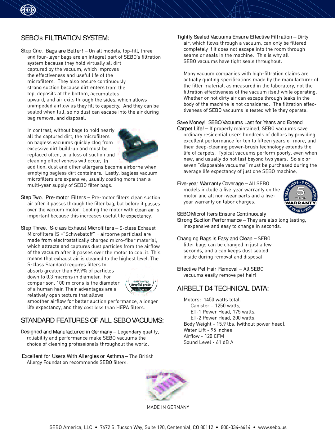 Sebo 90640AM manual Airbelt D4 Technical Data 