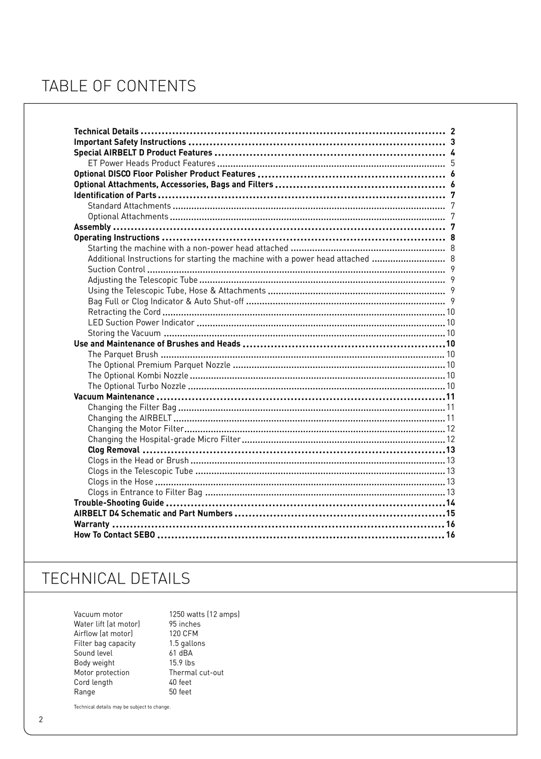 Sebo Airbelt D owner manual Table of Contents, Technical Details 