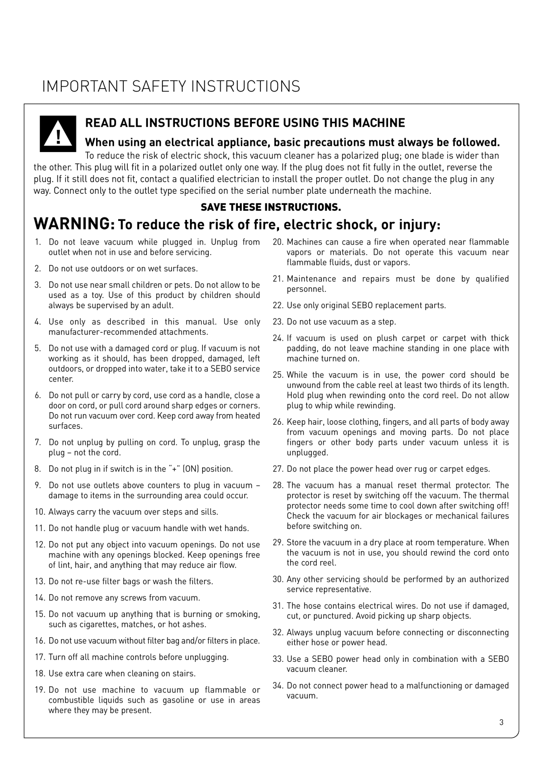 Sebo Airbelt D owner manual Important Safety Instructions, Read ALL Instructions Before Using this Machine 