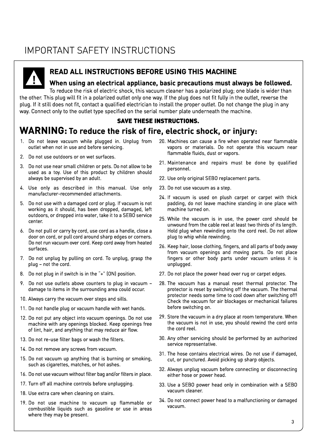 Sebo Airbelt D Important Safety Instructions, Read All Instructions Before Using This Machine, Save These Instructions 