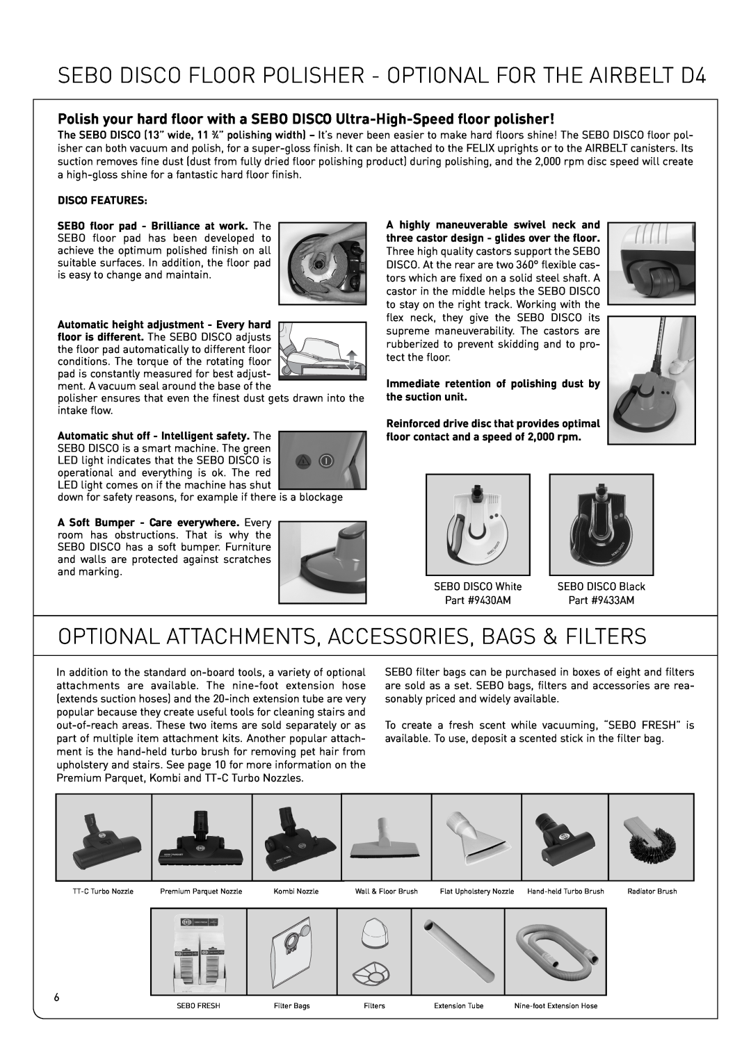 Sebo Airbelt D owner manual Optional Attachments, Accessories, Bags & Filters 