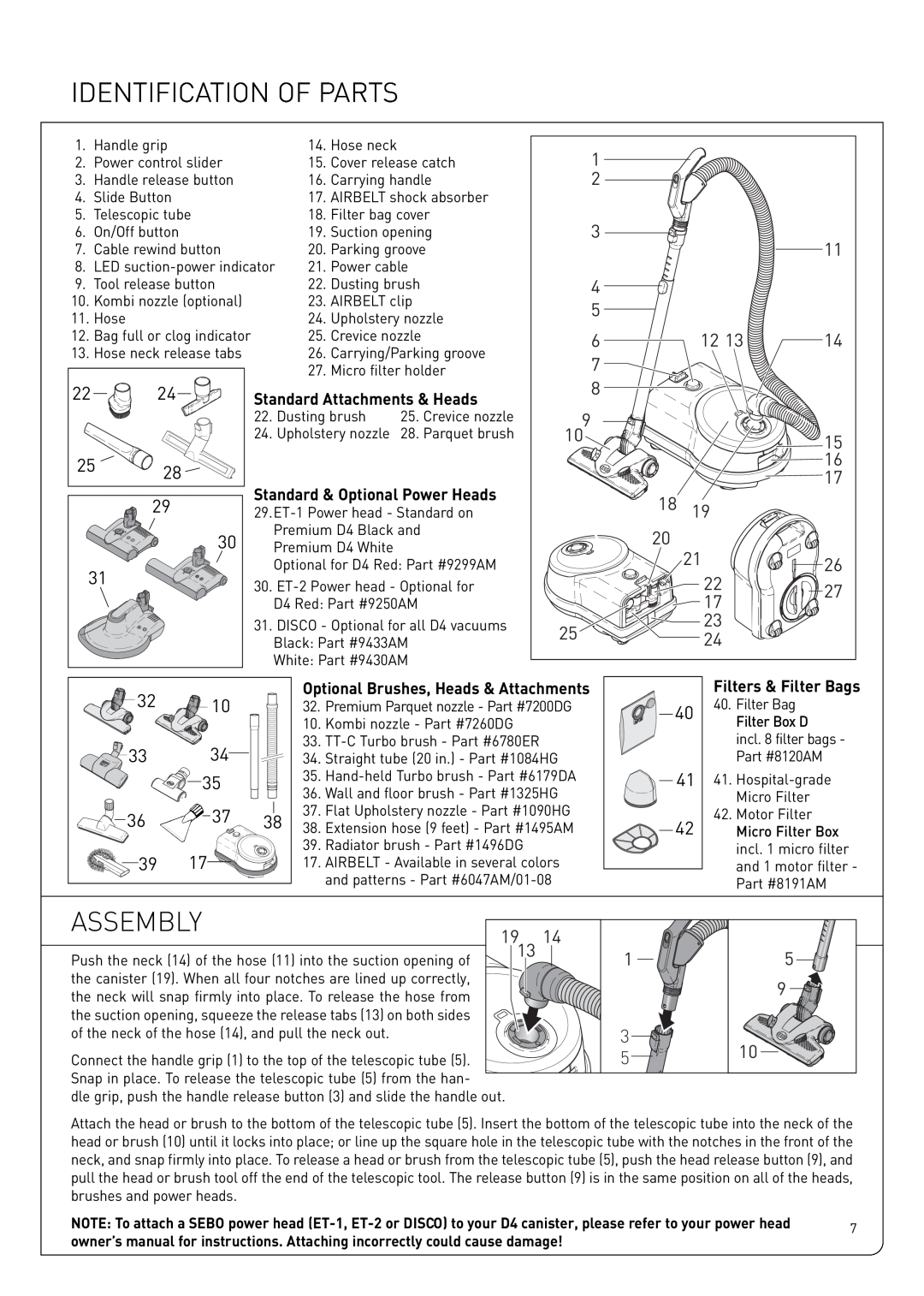 Sebo Airbelt D owner manual Assembly, Identification Of Parts 