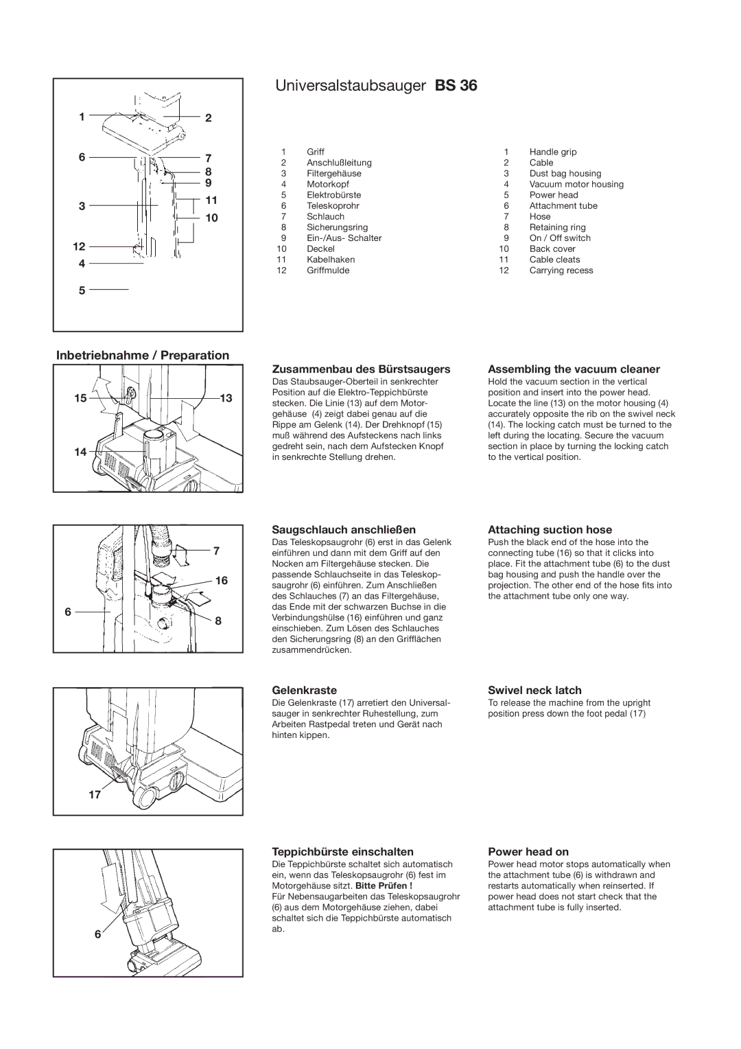 Sebo BS 36 manual Inbetriebnahme / Preparation 