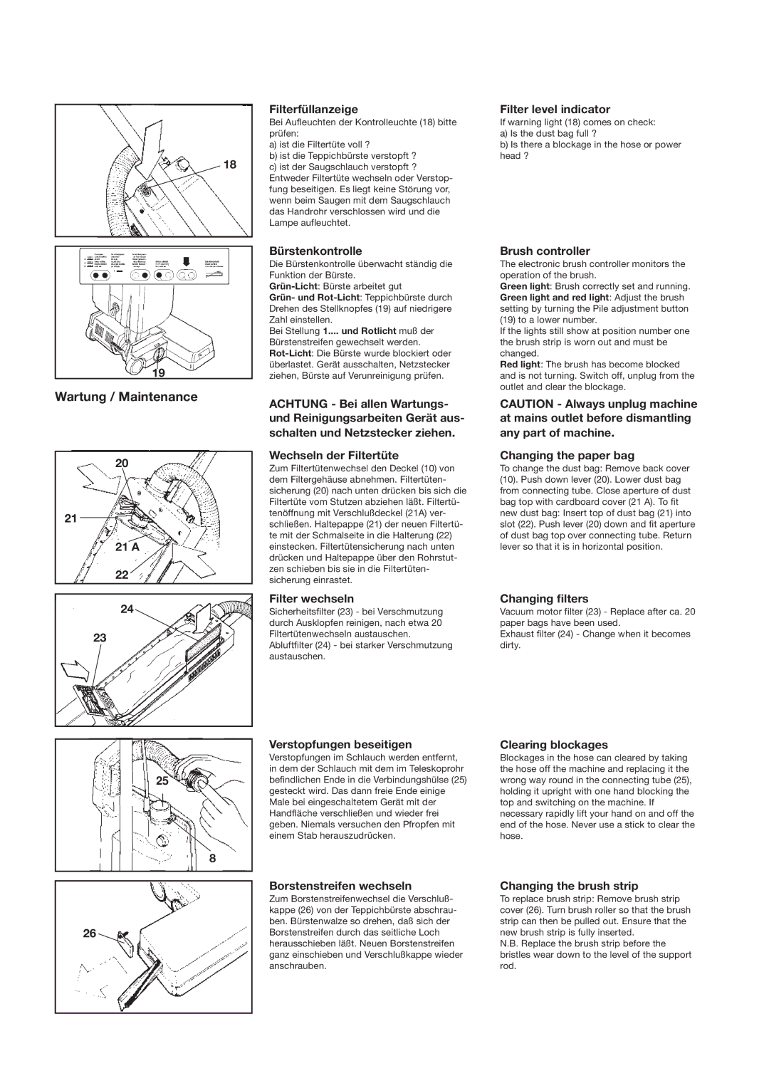 Sebo BS 36 manual Wartung / Maintenance 