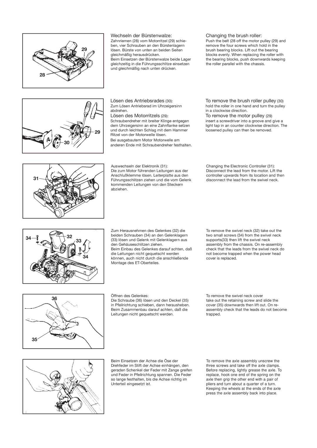 Sebo BS 36 manual Wechseln der Bürstenwalze, Lösen des Antriebsrades, Changing the brush roller 