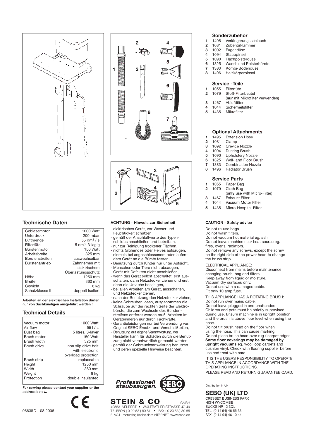 Sebo BS 36 manual Technische Daten, Technical Details 