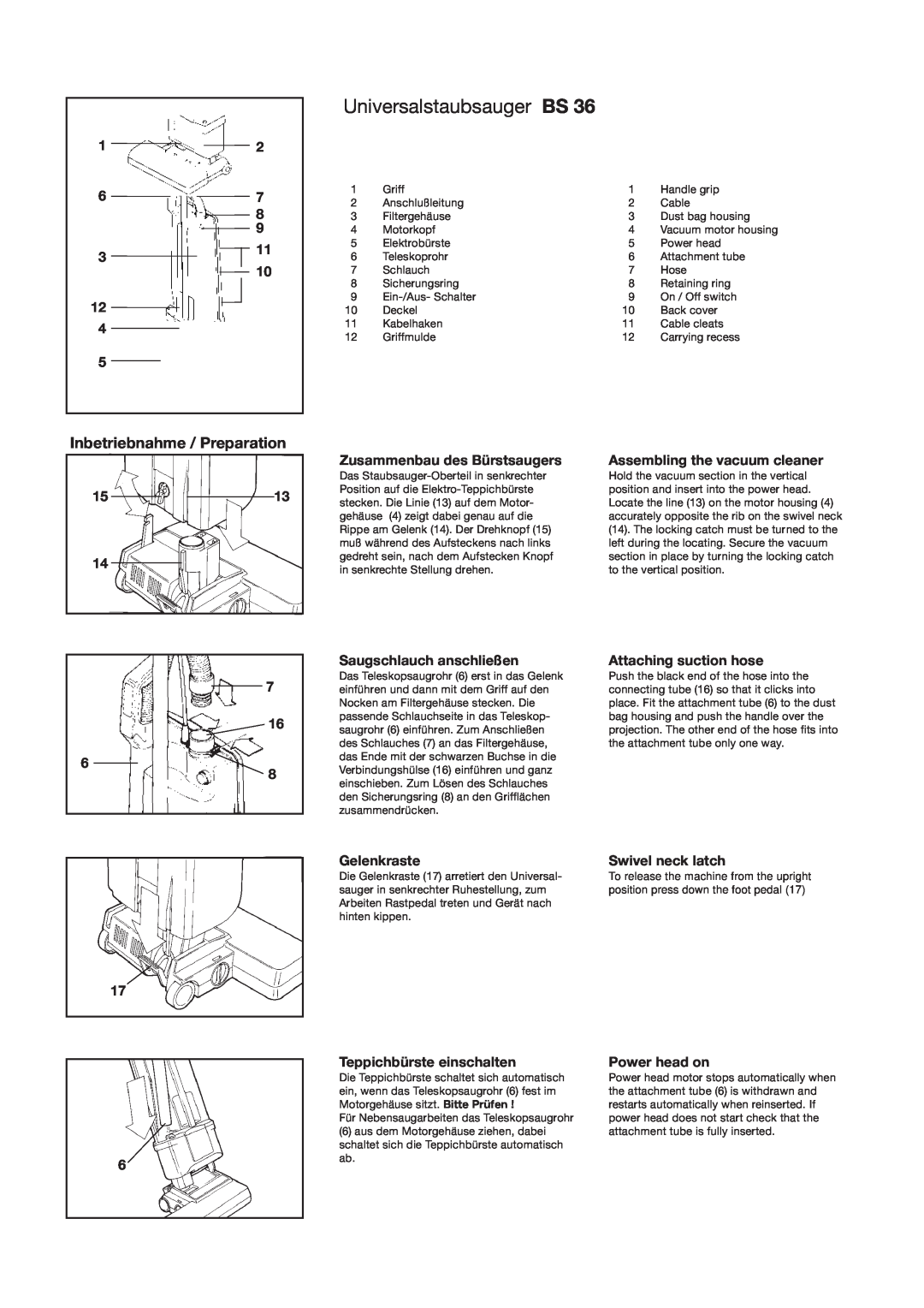 Sebo BS 36 manual Inbetriebnahme / Preparation, Universalstaubsauger BS 
