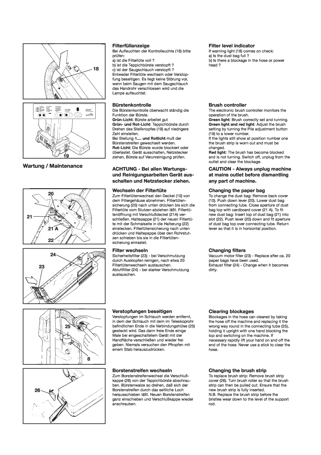 Sebo BS 36 manual Wartung / Maintenance 