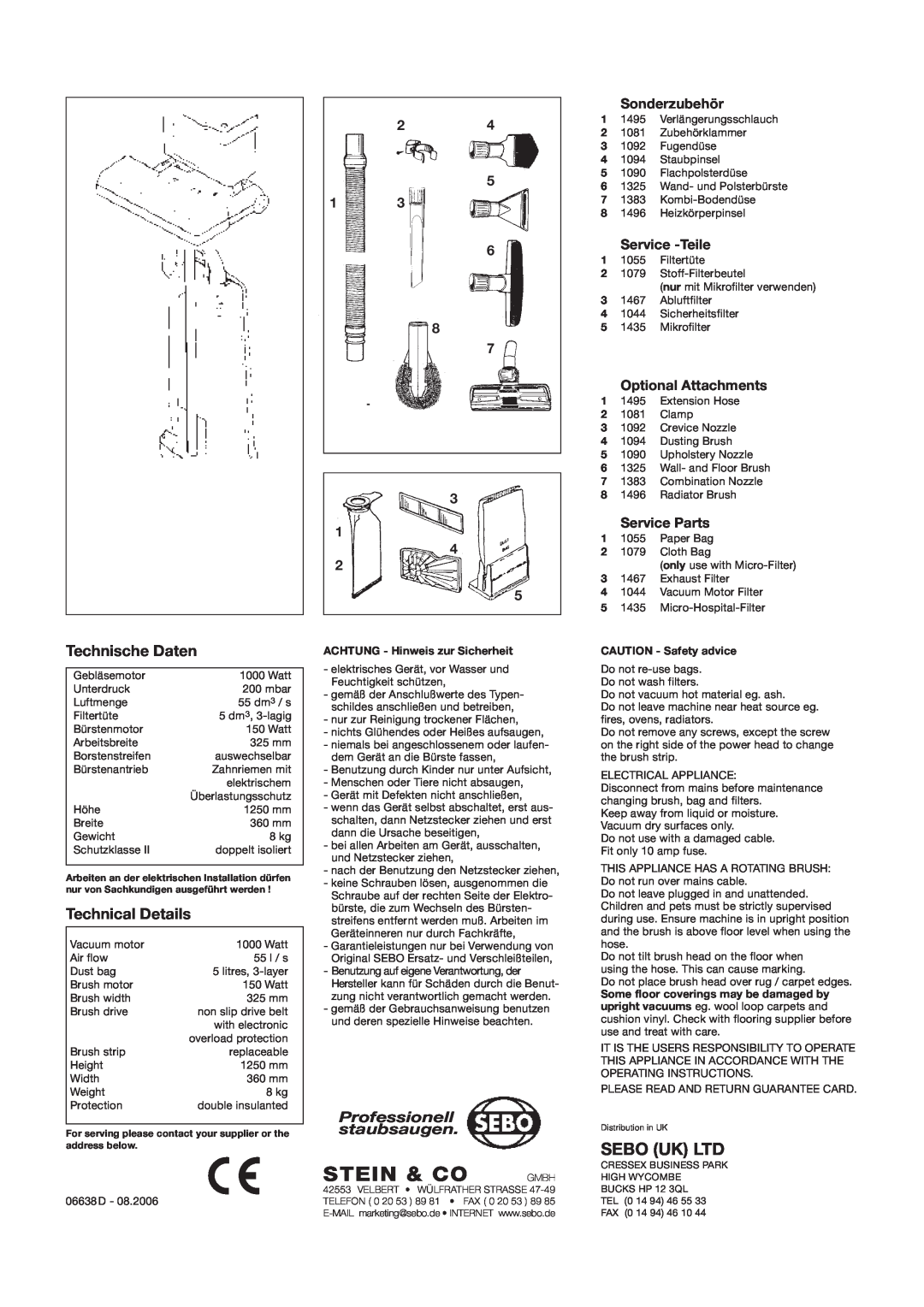 Sebo BS 36 manual Technische Daten, Technical Details, Stein & Co Gmbh, Professionell staubsaugen 