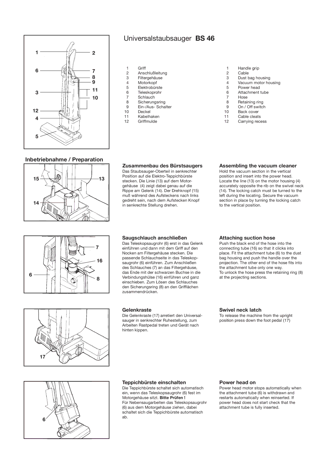 Sebo BS 46 manual Inbetriebnahme / Preparation 