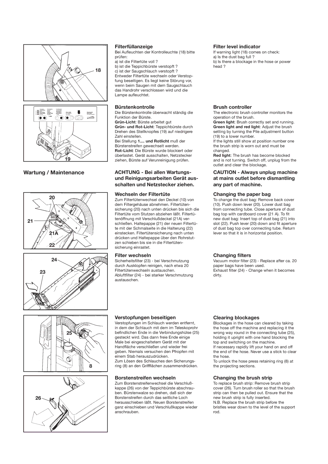 Sebo BS 46 manual Wartung / Maintenance 