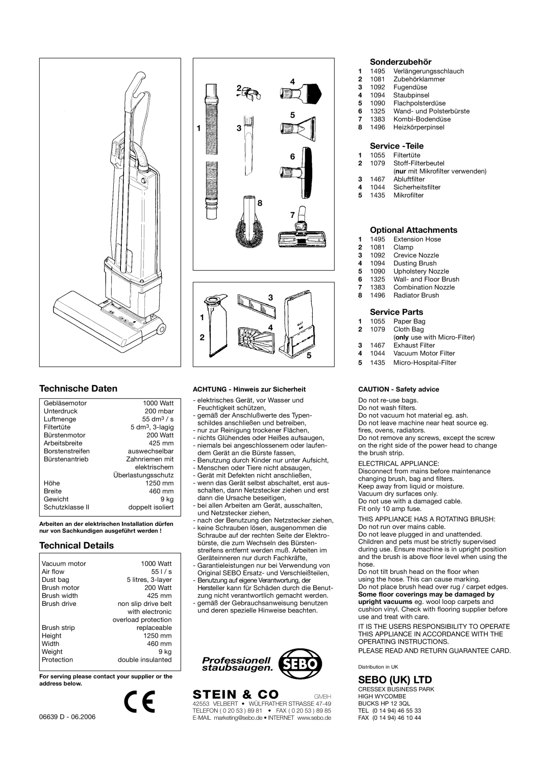 Sebo BS 46 manual Technische Daten, Technical Details 