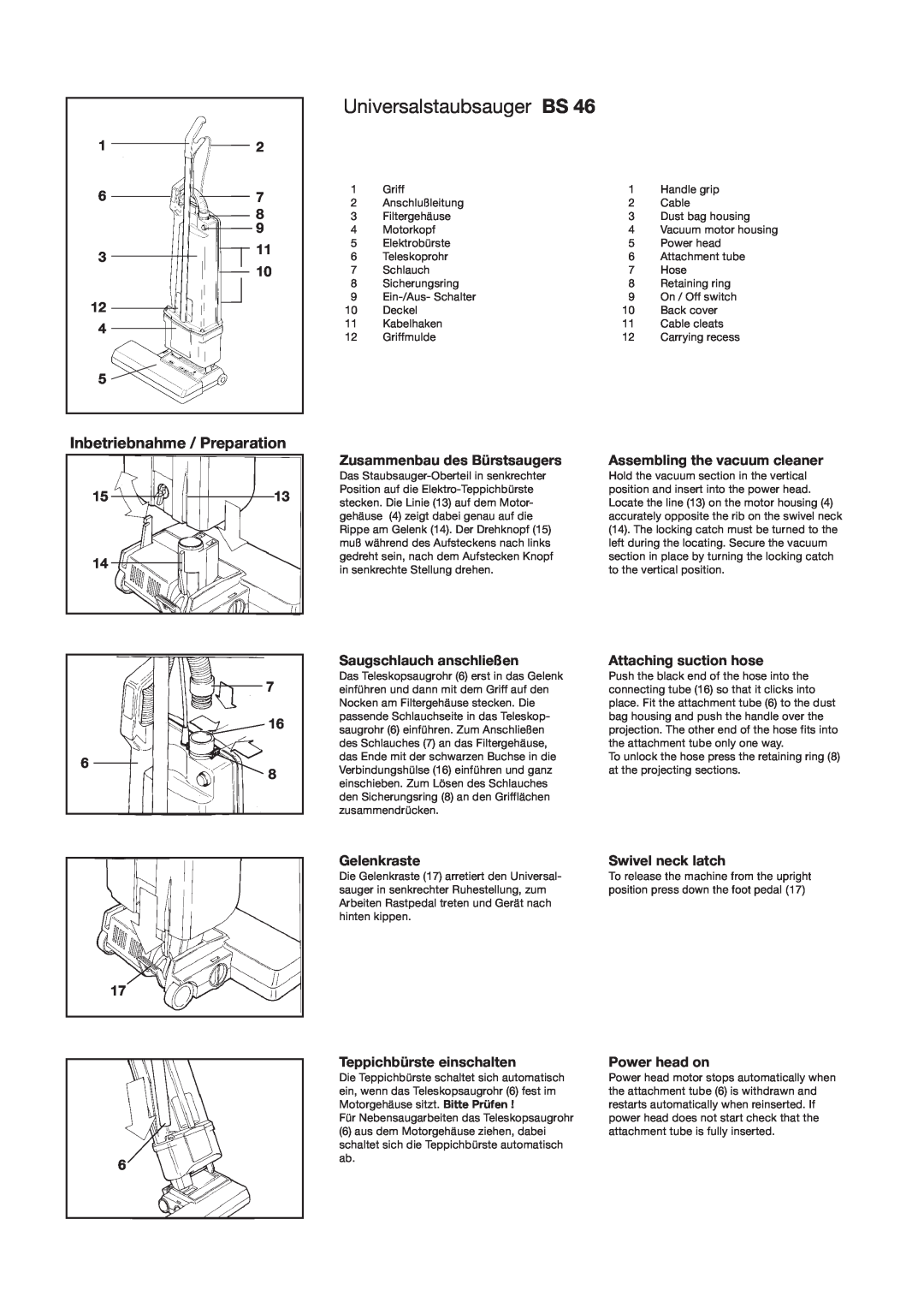 Sebo BS 46 manual Inbetriebnahme / Preparation, Universalstaubsauger BS 