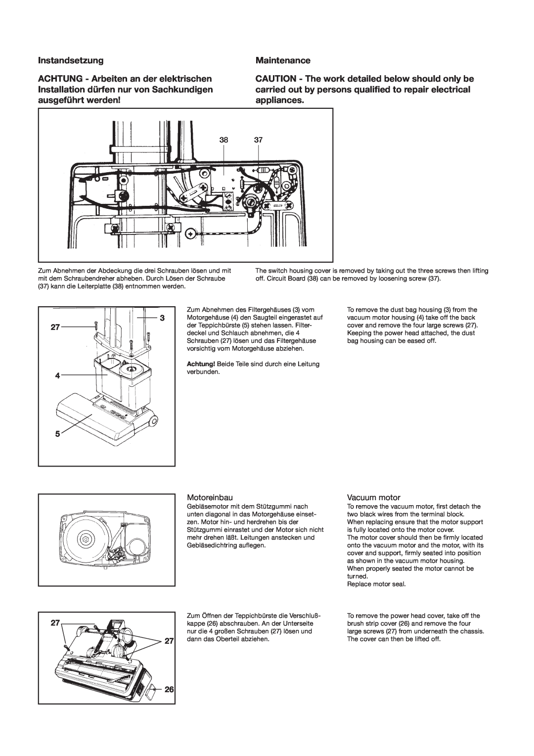 Sebo BS 46 manual Instandsetzung, Maintenance, Motoreinbau, Vacuum motor 
