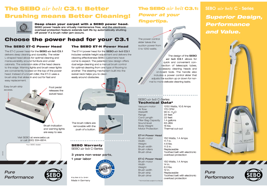 Sebo C Series warranty The SEBO ET-CPower Head, The SEBO ET-HPower Head, SEBO Warranty, The SEBO air belt C3.1, Pure 