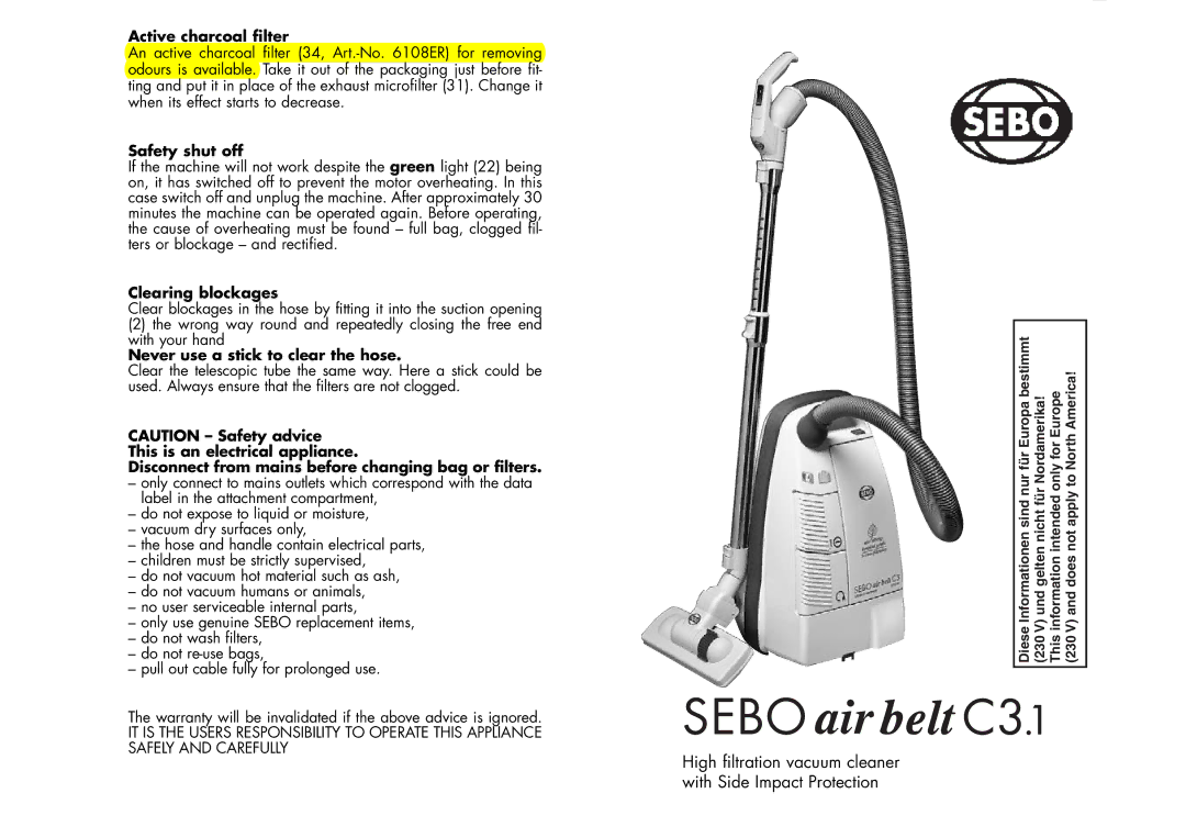 Sebo C3.1 user service High filtration vacuum cleaner with Side Impact Protection 