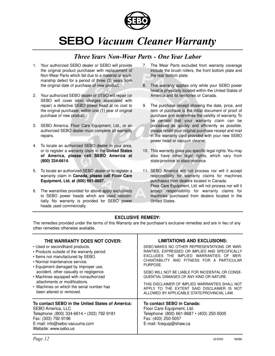 Sebo ET-H manual Sebo Vacuum Cleaner Warranty 