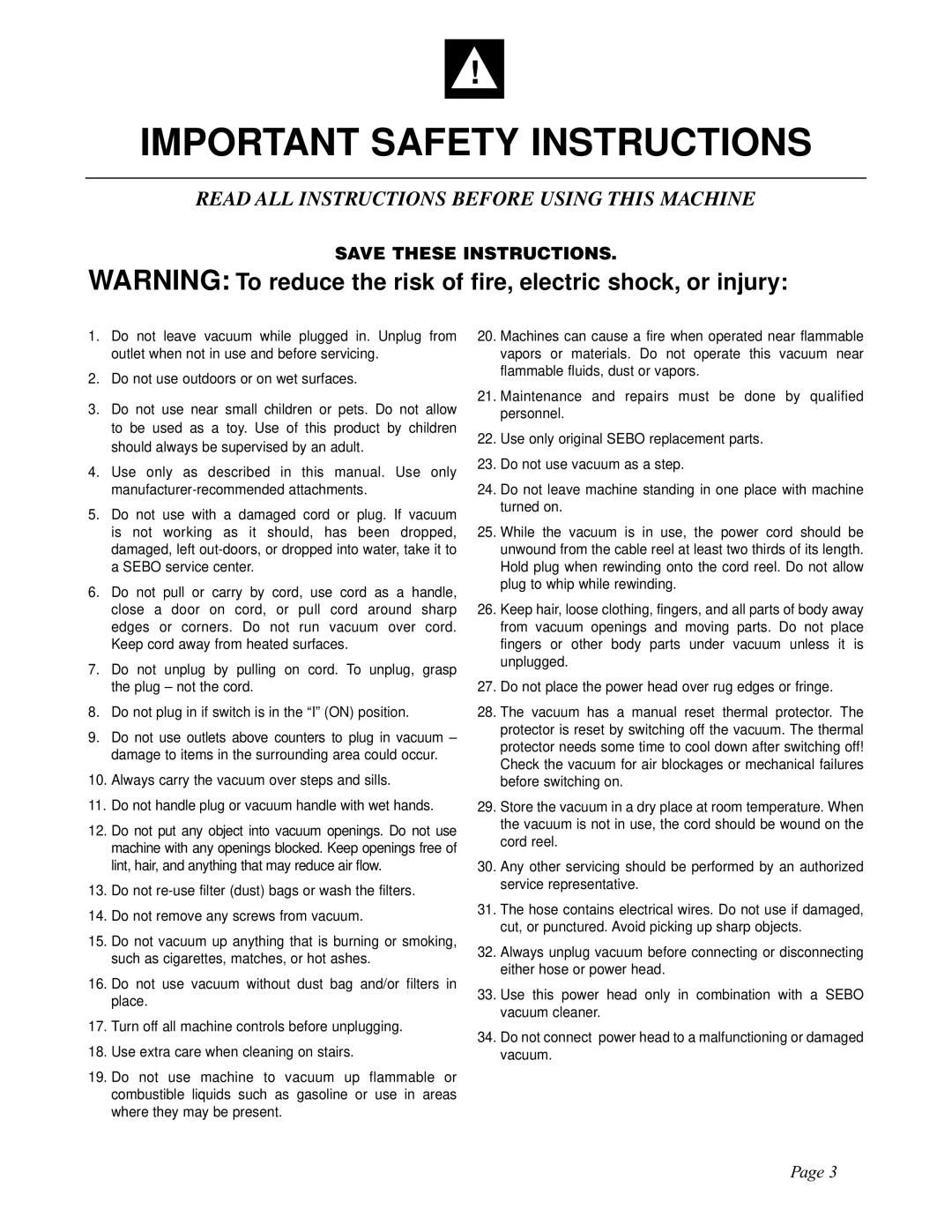 Sebo ET-H manual Important Safety Instructions 