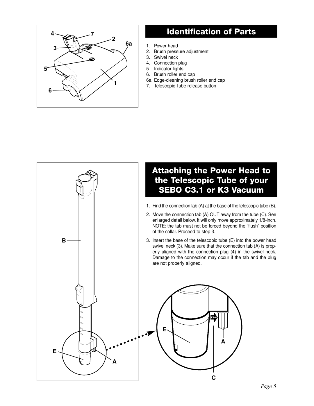 Sebo ET-H manual Identification of Parts 