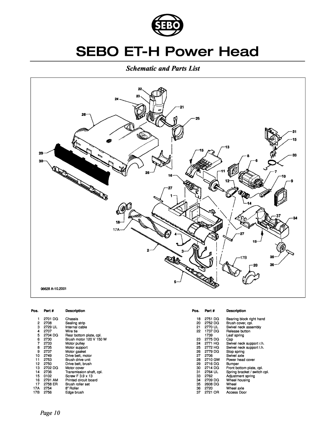 Sebo manual SEBO ET-H Power Head, Schematic and Parts List, Page, Description 