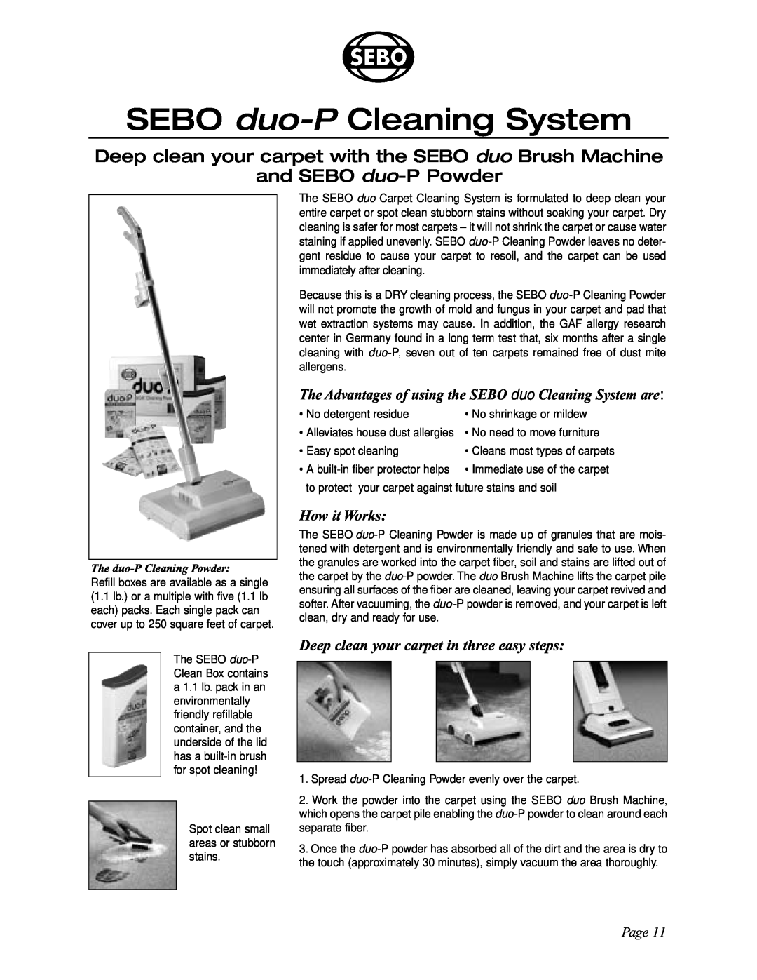 Sebo ET-H SEBO duo-P Cleaning System, Deep clean your carpet with the SEBO duo Brush Machine, and SEBO duo-P Powder, Page 