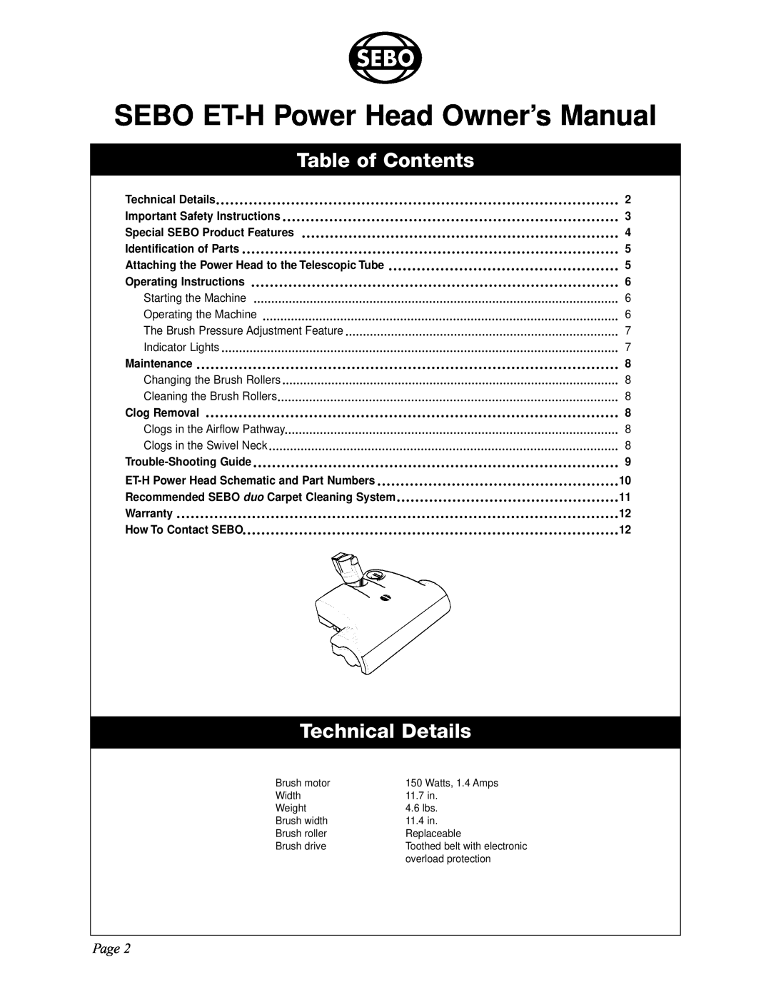 Sebo manual Table of Contents, Technical Details, Page, SEBO ET-H Power Head Owner’s Manual 