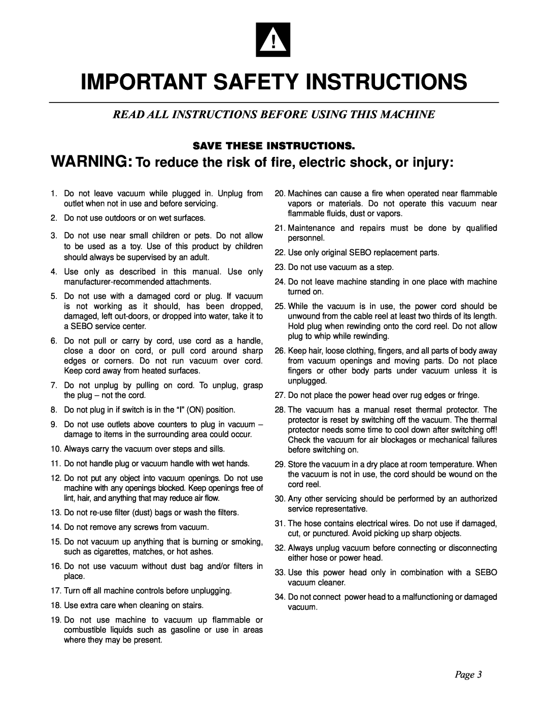 Sebo ET-H manual Important Safety Instructions, WARNING To reduce the risk of fire, electric shock, or injury, Page 