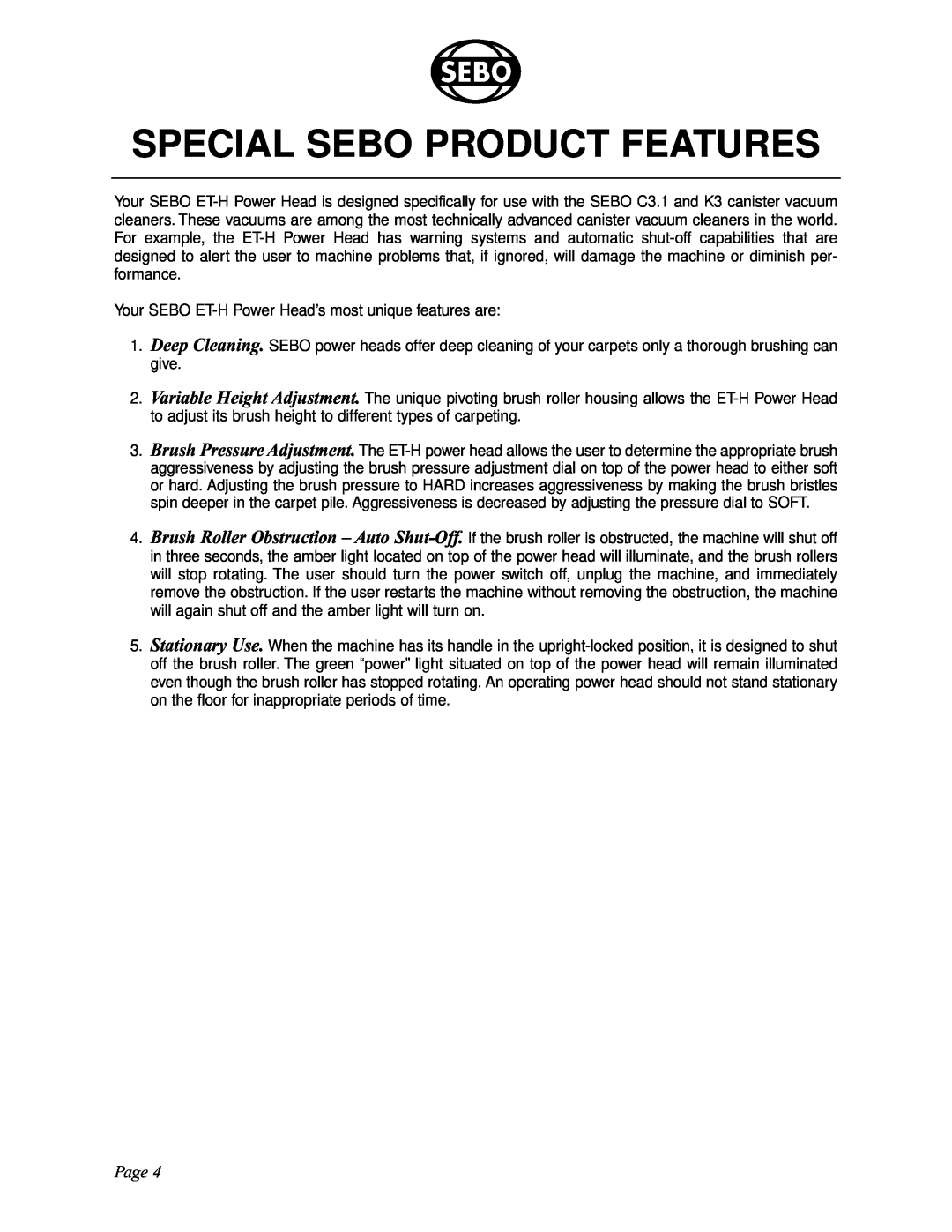 Sebo ET-H manual Special Sebo Product Features, Page 